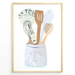 Load image into Gallery viewer, Minimalist art print of wooden kitchen utensils in a ceramic jar — modern cooking-themed wall décor for kitchens.
