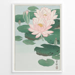 Load image into Gallery viewer, Japanese woodblock-style lotus flower illustration with pink blooms and green lily pads in a framed poster.
