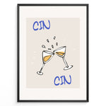 Load image into Gallery viewer, Illustration of two clinking wine glasses plakat with splashes and the words “Cin Cin” in blue, framed in black on a beige background.
