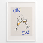 Load image into Gallery viewer, Illustration of two clinking wine glasses plakat with splashes and the words “Cin Cin” in blue, framed in black on a beige background.
