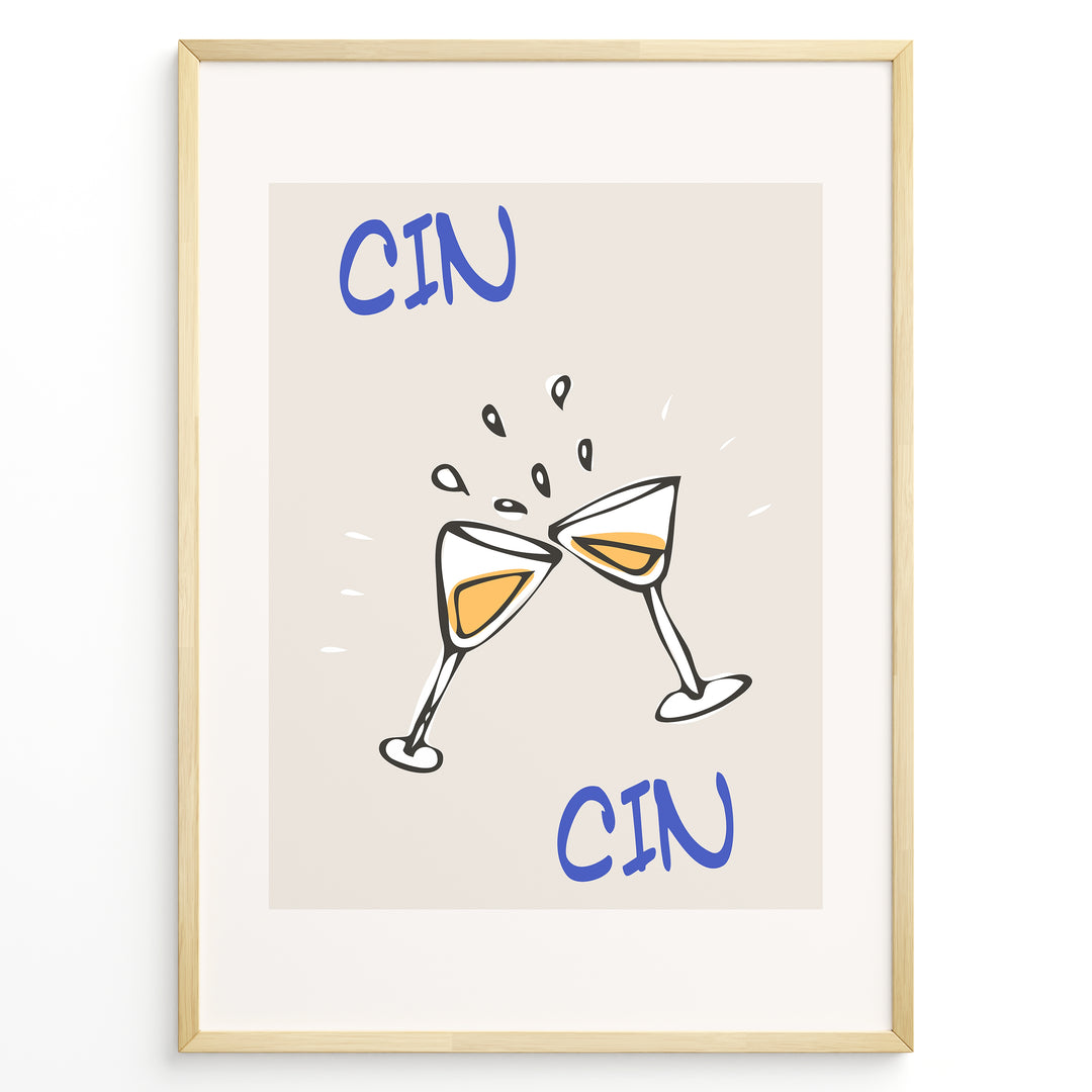 Illustration of two clinking wine glasses plakat with splashes and the words “Cin Cin” in blue, framed in black on a beige background.
