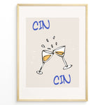 Load image into Gallery viewer, Illustration of two clinking wine glasses plakat with splashes and the words “Cin Cin” in blue, framed in black on a beige background.
