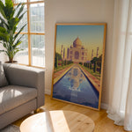 Load image into Gallery viewer, Agra Vintage Travel Plakat | Vintage Travel Poster | Denne plakat viser det ikoniske Taj Mahal i Agra, Indien, med dets hvide marmorkupler og minareter mod en gradient himmel. Perfekt til rejse- og arkitekturentusiaster.
