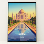 Load image into Gallery viewer, Agra Vintage Travel Plakat | Vintage Travel Poster | Denne plakat viser det ikoniske Taj Mahal i Agra, Indien, med dets hvide marmorkupler og minareter mod en gradient himmel. Perfekt til rejse- og arkitekturentusiaster.
