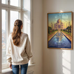 Load image into Gallery viewer, Agra Vintage Travel Plakat | Vintage Travel Poster | Denne plakat viser det ikoniske Taj Mahal i Agra, Indien, med dets hvide marmorkupler og minareter mod en gradient himmel. Perfekt til rejse- og arkitekturentusiaster.
