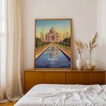 Load image into Gallery viewer, Agra Vintage Travel Plakat | Vintage Travel Poster | Denne plakat viser det ikoniske Taj Mahal i Agra, Indien, med dets hvide marmorkupler og minareter mod en gradient himmel. Perfekt til rejse- og arkitekturentusiaster.
