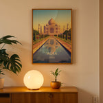 Load image into Gallery viewer, Agra Vintage Travel Plakat | Vintage Travel Poster | Denne plakat viser det ikoniske Taj Mahal i Agra, Indien, med dets hvide marmorkupler og minareter mod en gradient himmel. Perfekt til rejse- og arkitekturentusiaster.
