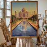 Load image into Gallery viewer, Agra Vintage Travel Plakat | Vintage Travel Poster | Denne plakat viser det ikoniske Taj Mahal i Agra, Indien, med dets hvide marmorkupler og minareter mod en gradient himmel. Perfekt til rejse- og arkitekturentusiaster.
