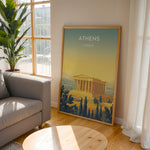 Load image into Gallery viewer, Athens Vintage Travel Plakat | Vintage Travel Poster | Denne plakat viser Parthenon i Athen, Grækenland, i gyldne nuancer med en gradient baggrund fra teal til gul. Perfekt til rejse- og historiefans.
