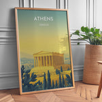 Load image into Gallery viewer, Athens Vintage Travel Plakat | Vintage Travel Poster | Denne plakat viser Parthenon i Athen, Grækenland, i gyldne nuancer med en gradient baggrund fra teal til gul. Perfekt til rejse- og historiefans.
