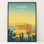 Load image into Gallery viewer, Athens Vintage Travel Plakat | Vintage Travel Poster | Denne plakat viser Parthenon i Athen, Grækenland, i gyldne nuancer med en gradient baggrund fra teal til gul. Perfekt til rejse- og historiefans.
