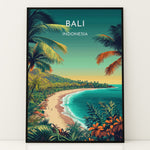 Load image into Gallery viewer, Bali Vintage Travel Plakat | Vintage Travel Poster | Denne plakat viser en tropisk strandscene med turkisfarvet vand, frodig grøn natur og palmer. Perfekt til dem, der elsker eksotiske rejsemål.
