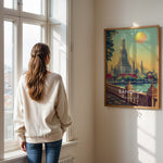 Load image into Gallery viewer, Bangkok Vintage Travel Plakat | Vintage Travel Poster | Denne plakat viser det ikoniske Wat Arun tempel i Bangkok, Thailand, med en stor sol i baggrunden og frodige grønne træer i forgrunden. Perfekt til rejse- og arkitekturentusiaster.

