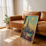 Load image into Gallery viewer, Bangkok Vintage Travel Plakat | Vintage Travel Poster | Denne plakat viser det ikoniske Wat Arun tempel i Bangkok, Thailand, med en stor sol i baggrunden og frodige grønne træer i forgrunden. Perfekt til rejse- og arkitekturentusiaster.
