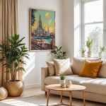 Load image into Gallery viewer, Bangkok Vintage Travel Plakat | Vintage Travel Poster | Denne plakat viser det ikoniske Wat Arun tempel i Bangkok, Thailand, med en stor sol i baggrunden og frodige grønne træer i forgrunden. Perfekt til rejse- og arkitekturentusiaster.
