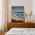 Load image into Gallery viewer, Bondi Beach Vintage Travel Plakat | Vintage Travel Poster | Denne plakat viser en farverig illustration af Bondi Beach i Australien, med bølger, der slår ind mod kysten og en by i baggrunden. Perfekt til dem, der elsker strand- og byliv.
