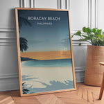 Load image into Gallery viewer, Boracay Beach Vintage Travel Plakat | Vintage Travel Poster | Denne plakat viser Boracay Beach med hvidt sand, roligt blåt vand og en gradienthimmel. Silhuetter af palmer i forgrunden. Perfekt til dem, der elsker tropiske strande.
