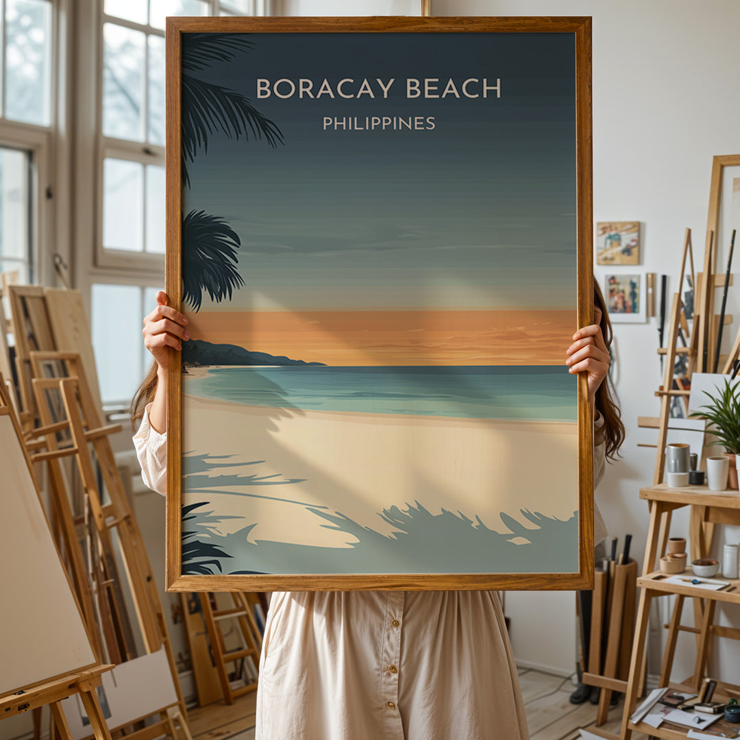 Boracay Beach Vintage Travel Plakat | Vintage Travel Poster | Denne plakat viser Boracay Beach med hvidt sand, roligt blåt vand og en gradienthimmel. Silhuetter af palmer i forgrunden. Perfekt til dem, der elsker tropiske strande.