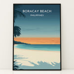 Load image into Gallery viewer, Boracay Beach Vintage Travel Plakat | Vintage Travel Poster | Denne plakat viser Boracay Beach med hvidt sand, roligt blåt vand og en gradienthimmel. Silhuetter af palmer i forgrunden. Perfekt til dem, der elsker tropiske strande.
