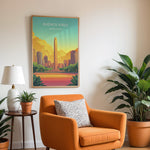 Load image into Gallery viewer, Buenos Aires Vintage Travel Plakat | Vintage Travel Poster | Denne plakat viser en illustration af et monument i Buenos Aires omgivet af moderne bygninger. Farverne går fra turkis til orange og gul, som skaber en livlig atmosfære.
