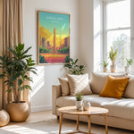 Load image into Gallery viewer, Buenos Aires Vintage Travel Plakat | Vintage Travel Poster | Denne plakat viser en illustration af et monument i Buenos Aires omgivet af moderne bygninger. Farverne går fra turkis til orange og gul, som skaber en livlig atmosfære.
