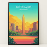 Load image into Gallery viewer, Buenos Aires Vintage Travel Plakat | Vintage Travel Poster | Denne plakat viser en illustration af et monument i Buenos Aires omgivet af moderne bygninger. Farverne går fra turkis til orange og gul, som skaber en livlig atmosfære.
