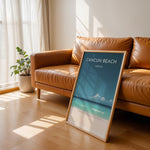 Load image into Gallery viewer, Cancun Beach Vintage Travel Plakat | Vintage Travel Poster | Denne plakat viser Cancun Beach med hvidt sand, turkisblåt vand og en klar blå himmel. Perfekt til tropiske feriestemninger.
