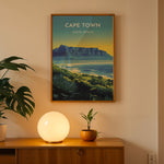 Load image into Gallery viewer, Cape Town Vintage Travel Plakat | Vintage Travel Poster | Denne plakat viser Cape Town med Table Mountain, byens skyline og en kystlinje med frodig grønt. Perfekt til rejse- og naturentusiaster.
