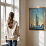 Load image into Gallery viewer, Burj Khalifa Vintage Travel Plakat | Vintage Travel Poster | Denne plakat viser det ikoniske Burj Khalifa i Dubai, UAE, med en gradient himmel og moderne bygninger omkring.
