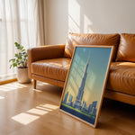 Load image into Gallery viewer, Burj Khalifa Vintage Travel Plakat | Vintage Travel Poster | Denne plakat viser det ikoniske Burj Khalifa i Dubai, UAE, med en gradient himmel og moderne bygninger omkring.
