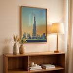 Load image into Gallery viewer, Burj Khalifa Vintage Travel Plakat | Vintage Travel Poster | Denne plakat viser det ikoniske Burj Khalifa i Dubai, UAE, med en gradient himmel og moderne bygninger omkring.
