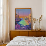 Load image into Gallery viewer, Ibiza Vintage Travel Plakat | Vintage Travel Poster | Denne plakat viser en malerisk strand på Ibiza med turkisfarvet vand og en farverig himmel. Perfekt til rejse- og strandelskere.
