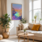 Load image into Gallery viewer, Ibiza Vintage Travel Plakat | Vintage Travel Poster | Denne plakat viser en malerisk strand på Ibiza med turkisfarvet vand og en farverig himmel. Perfekt til rejse- og strandelskere.
