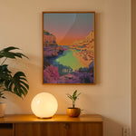 Load image into Gallery viewer, Ibiza Vintage Travel Plakat | Vintage Travel Poster | Denne plakat viser en malerisk strand på Ibiza med turkisfarvet vand og en farverig himmel. Perfekt til rejse- og strandelskere.
