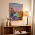 Load image into Gallery viewer, Ibiza Vintage Travel Plakat | Vintage Travel Poster | Denne plakat viser en malerisk strand på Ibiza med turkisfarvet vand og en farverig himmel. Perfekt til rejse- og strandelskere.
