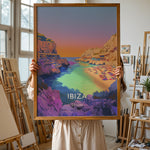 Load image into Gallery viewer, Ibiza Vintage Travel Plakat | Vintage Travel Poster | Denne plakat viser en malerisk strand på Ibiza med turkisfarvet vand og en farverig himmel. Perfekt til rejse- og strandelskere.
