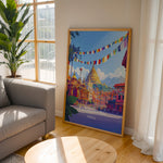 Load image into Gallery viewer, Kathmandu Vintage Travel Plakat | Vintage Travel Poster | Denne plakat viser en gylden stupa omgivet af traditionel nepalesisk arkitektur og farverige bedeflag, med sneklædte bjerge i baggrunden.
