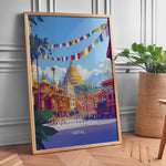 Load image into Gallery viewer, Kathmandu Vintage Travel Plakat | Vintage Travel Poster | Denne plakat viser en gylden stupa omgivet af traditionel nepalesisk arkitektur og farverige bedeflag, med sneklædte bjerge i baggrunden.
