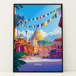 Load image into Gallery viewer, Kathmandu Vintage Travel Plakat | Vintage Travel Poster | Denne plakat viser en gylden stupa omgivet af traditionel nepalesisk arkitektur og farverige bedeflag, med sneklædte bjerge i baggrunden.
