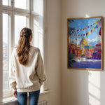 Load image into Gallery viewer, Kathmandu Vintage Travel Plakat | Vintage Travel Poster | Denne plakat viser en gylden stupa omgivet af traditionel nepalesisk arkitektur og farverige bedeflag, med sneklædte bjerge i baggrunden.
