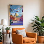 Load image into Gallery viewer, Kathmandu Vintage Travel Plakat | Vintage Travel Poster | Denne plakat viser en gylden stupa omgivet af traditionel nepalesisk arkitektur og farverige bedeflag, med sneklædte bjerge i baggrunden.
