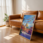 Load image into Gallery viewer, Kathmandu Vintage Travel Plakat | Vintage Travel Poster | Denne plakat viser en gylden stupa omgivet af traditionel nepalesisk arkitektur og farverige bedeflag, med sneklædte bjerge i baggrunden.
