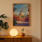 Load image into Gallery viewer, Kathmandu Vintage Travel Plakat | Vintage Travel Poster | Denne plakat viser en gylden stupa omgivet af traditionel nepalesisk arkitektur og farverige bedeflag, med sneklædte bjerge i baggrunden.
