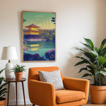 Load image into Gallery viewer, Kinkaku-ji Vintage Travel Plakat | Vintage Travel Poster | Denne plakat viser Den Gyldne Pavillon i Kyoto, Japan, med sin gyldne facade, omgivet af frodig natur og en rolig vandflade.
