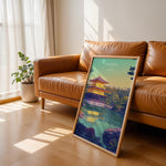 Load image into Gallery viewer, Kinkaku-ji Vintage Travel Plakat | Vintage Travel Poster | Denne plakat viser Den Gyldne Pavillon i Kyoto, Japan, med sin gyldne facade, omgivet af frodig natur og en rolig vandflade.
