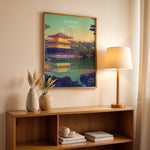 Load image into Gallery viewer, Kinkaku-ji Vintage Travel Plakat | Vintage Travel Poster | Denne plakat viser Den Gyldne Pavillon i Kyoto, Japan, med sin gyldne facade, omgivet af frodig natur og en rolig vandflade.
