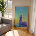 Load image into Gallery viewer, Lissabon Vintage Travel Plakat | Vintage Travel Poster | Denne plakat viser et historisk tårn ved vandet i Lissabon, Portugal, i en farverig og stiliseret illustration.
