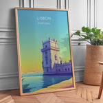 Load image into Gallery viewer, Lissabon Vintage Travel Plakat | Vintage Travel Poster | Denne plakat viser et historisk tårn ved vandet i Lissabon, Portugal, i en farverig og stiliseret illustration.
