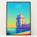Load image into Gallery viewer, Lissabon Vintage Travel Plakat | Vintage Travel Poster | Denne plakat viser et historisk tårn ved vandet i Lissabon, Portugal, i en farverig og stiliseret illustration.
