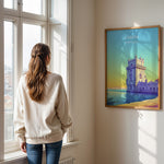 Load image into Gallery viewer, Lissabon Vintage Travel Plakat | Vintage Travel Poster | Denne plakat viser et historisk tårn ved vandet i Lissabon, Portugal, i en farverig og stiliseret illustration.
